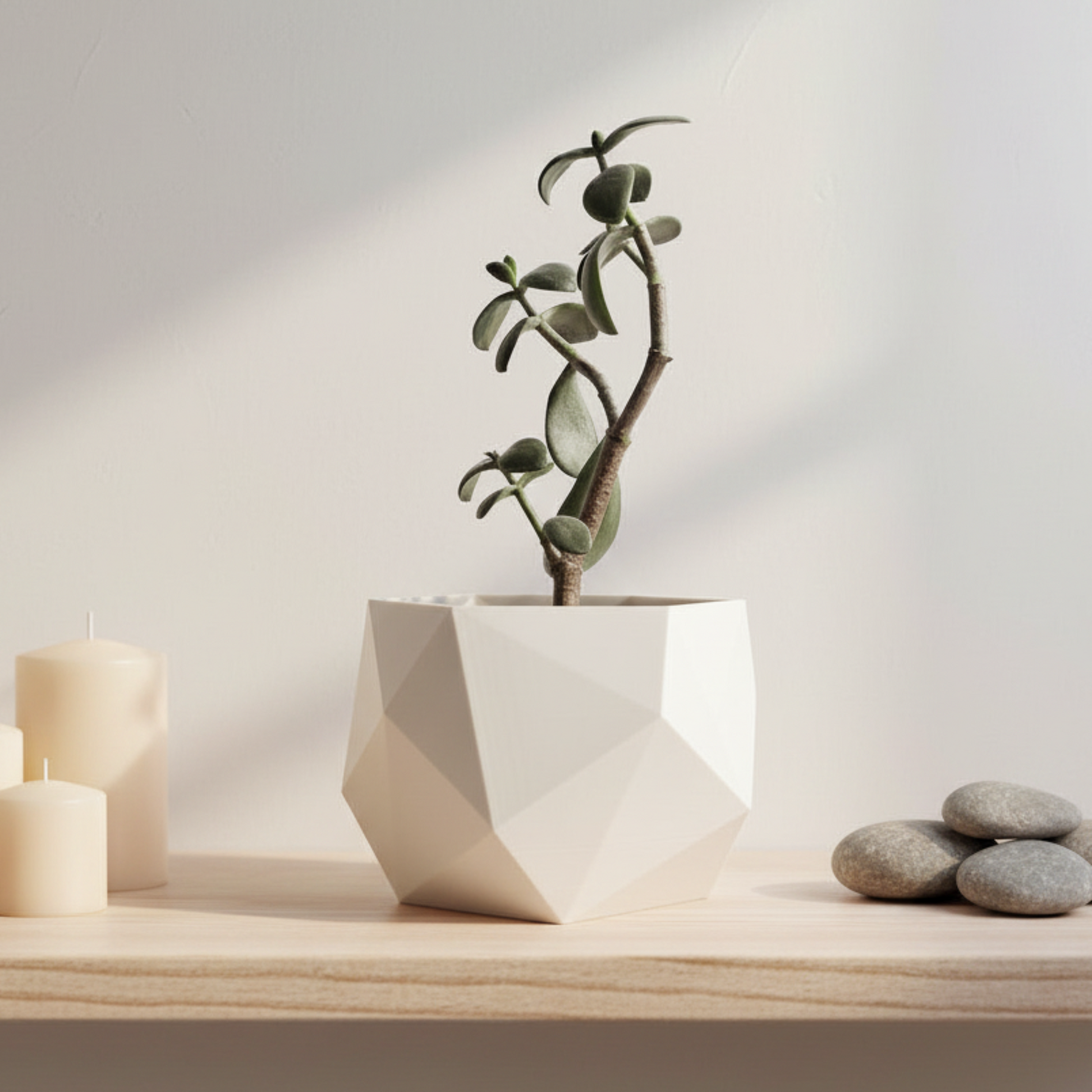 A small potted succulent in a white geometric faceted planter sits on a light wood shelf, styled with three cream pillar candles on the left and smooth gray stones on the right against a soft neutral wall with diagonal sunlight shadows.
