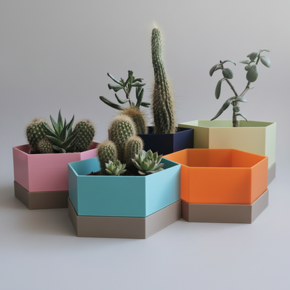 Five hexagonal planter boxes in pink, turquoise, orange, mint, and dark blue, arranged with various cacti and succulents on a light gray background.