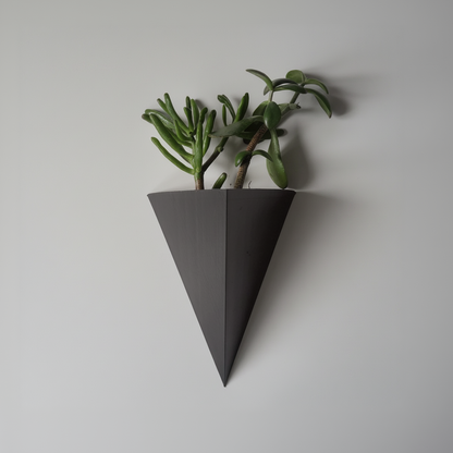 Triangular black wall planter with a succulent on a light gray background