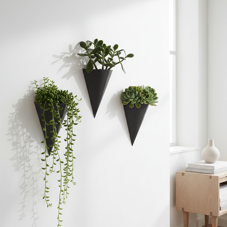 Three wall-mounted planters with green plants in a minimalistic room.