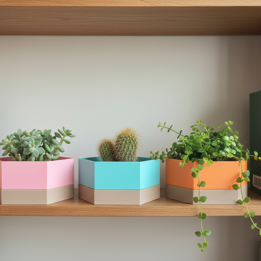 Colorful geometric planters with plants on a wooden shelf against a plain wall.