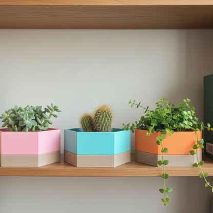 Colorful geometric planters with plants on a wooden shelf against a plain wall.