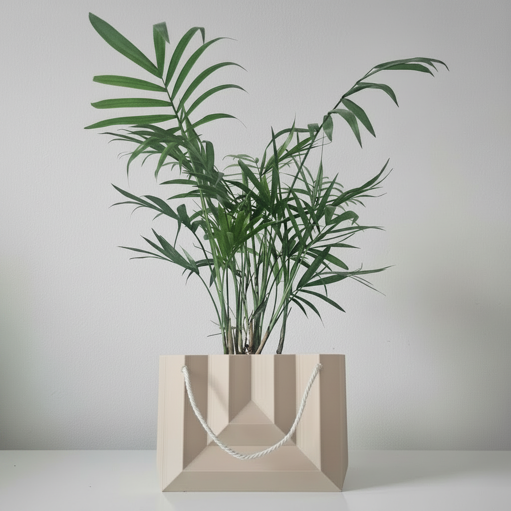 A potted palm plant with green fronds, displayed in a light beige geometric bag planter with white rope handles, set against a plain light gray background.