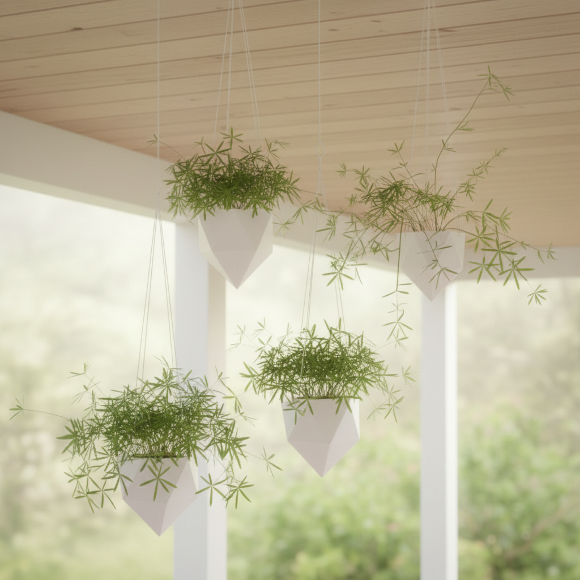 Hanging plants in white pots against a blurred green background