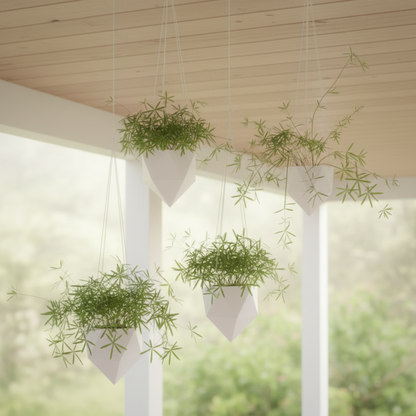 Hanging plants in white pots against a blurred green background