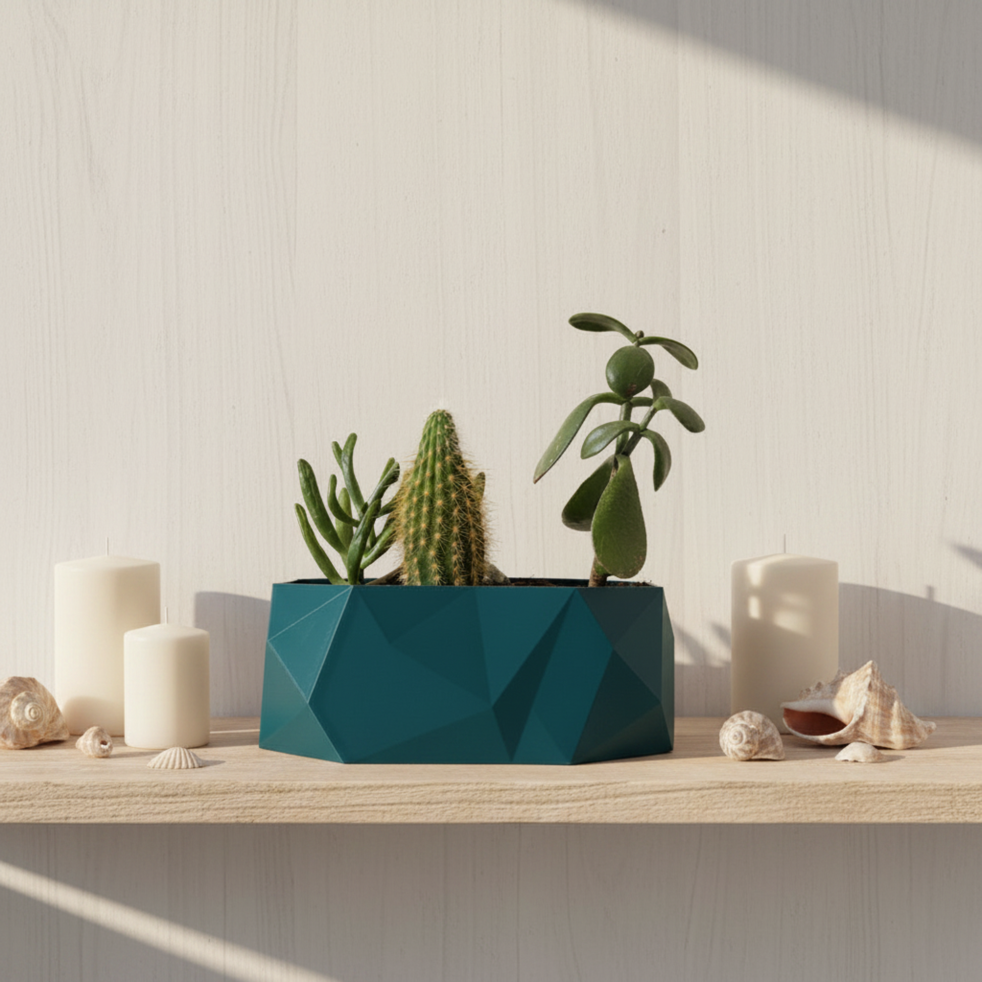 A geometric teal planter holding small green succulent and cactus plants, styled on a wooden shelf with white candles and seashells against a light wood wall.