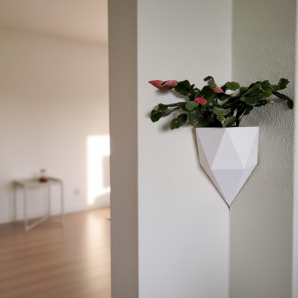 Geometric wall planter with flowers on a white wall