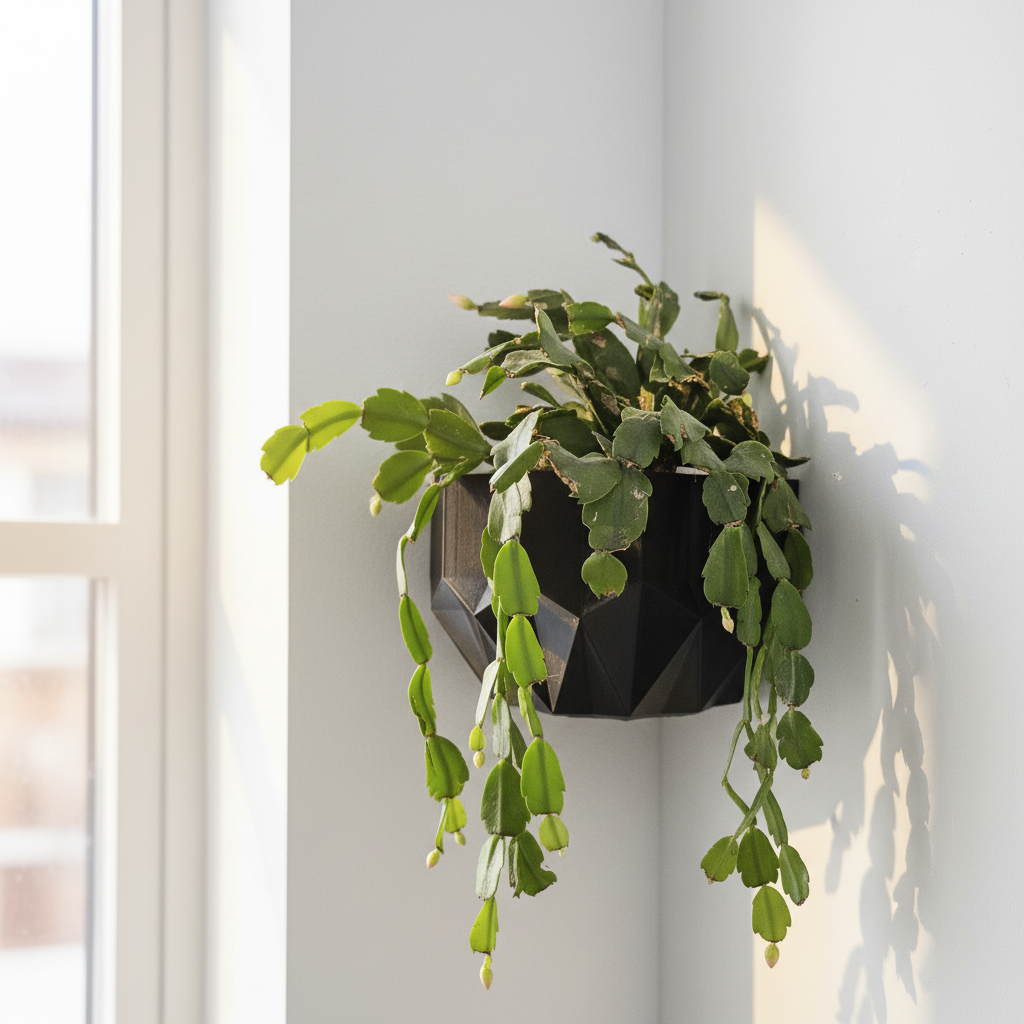 Hanging plant in a black pot on a white wall