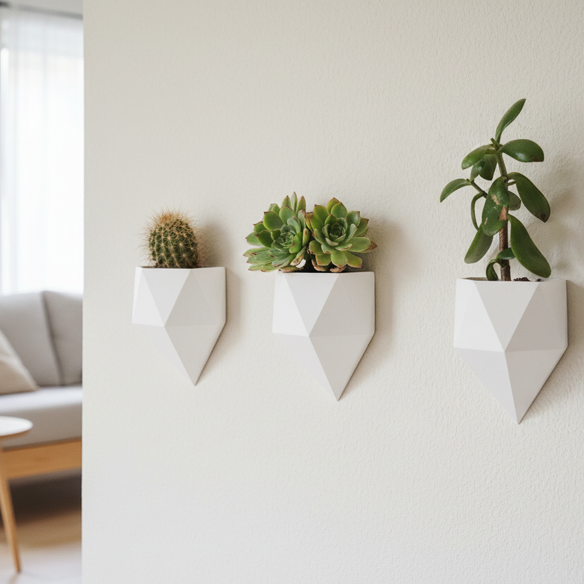 Three wall-mounted planters with plants in a living room setting.