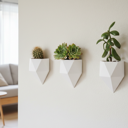 Three wall-mounted planters with plants in a living room setting.
