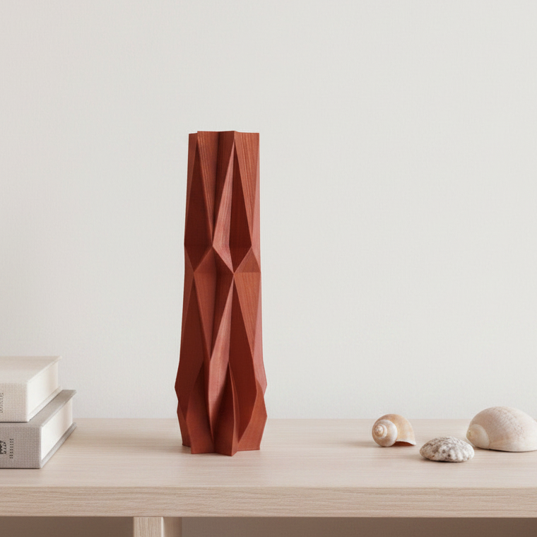 geometric vase on a light wooden surface with a plain background