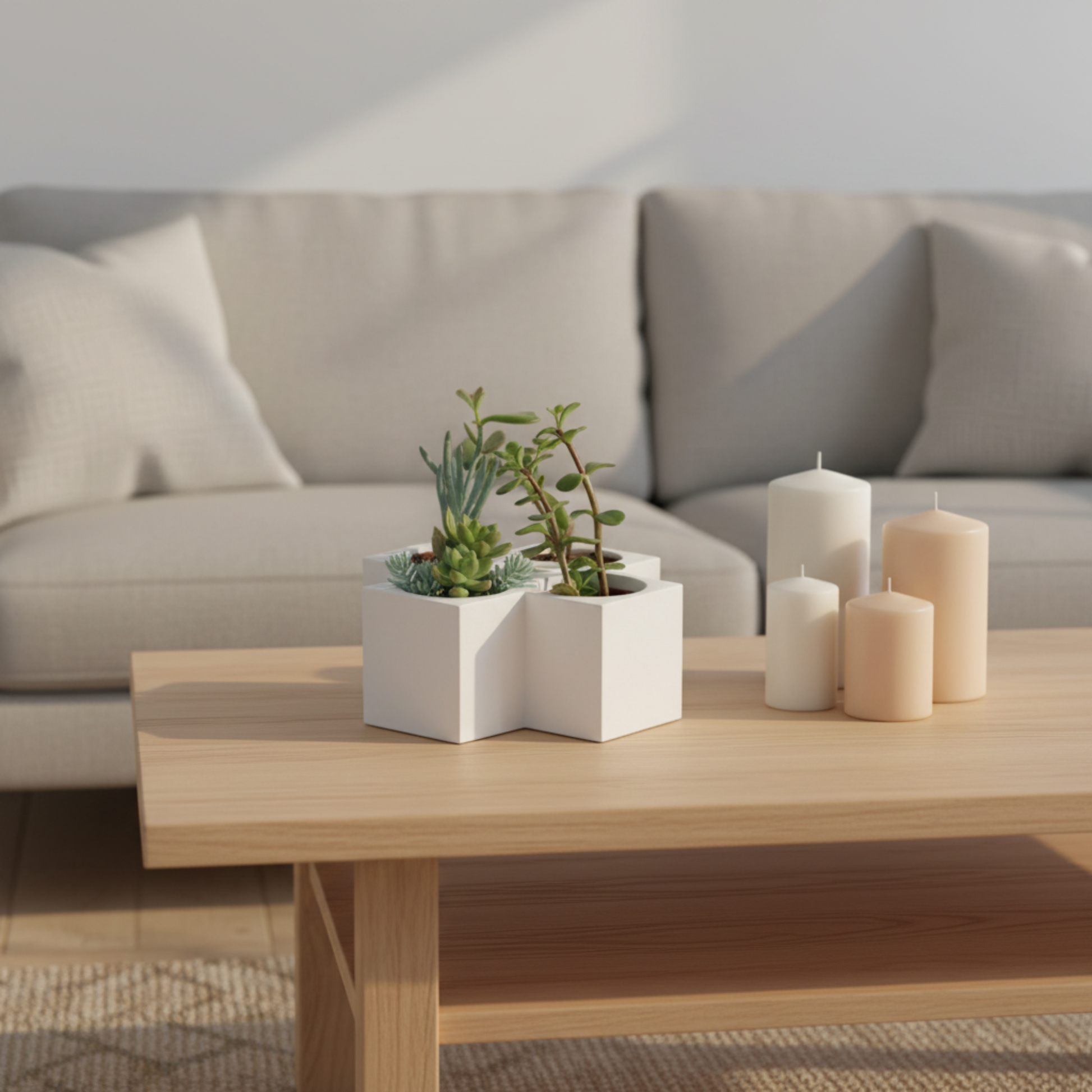 A modern white geometric planter holding two small green succulent plants, styled on a light wood coffee table in a living room setting with a beige sofa and candles in the background.