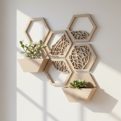 Hexagonal wooden wall planters with plants on a light background