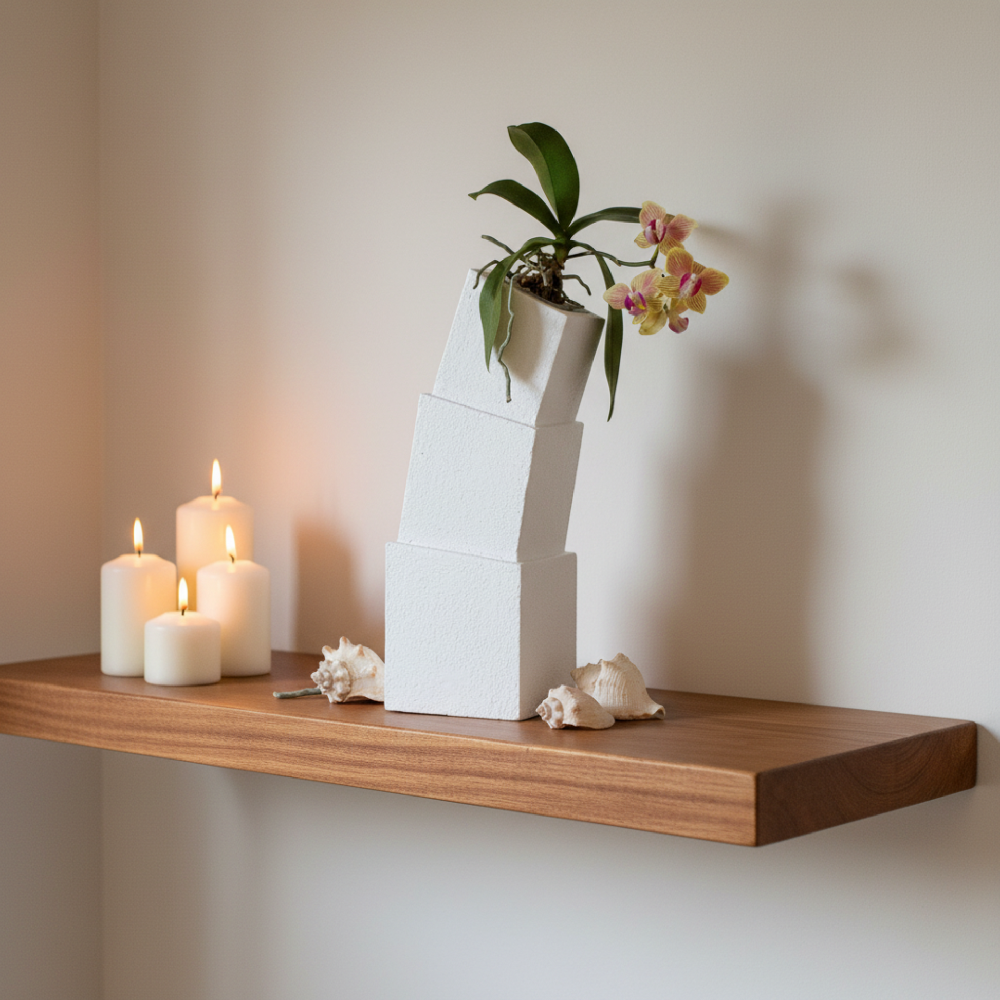 A white geometric planter holding a small green plant with pink flowers, displayed on a wooden floating shelf alongside lit white candles and seashells against a warm beige wall.