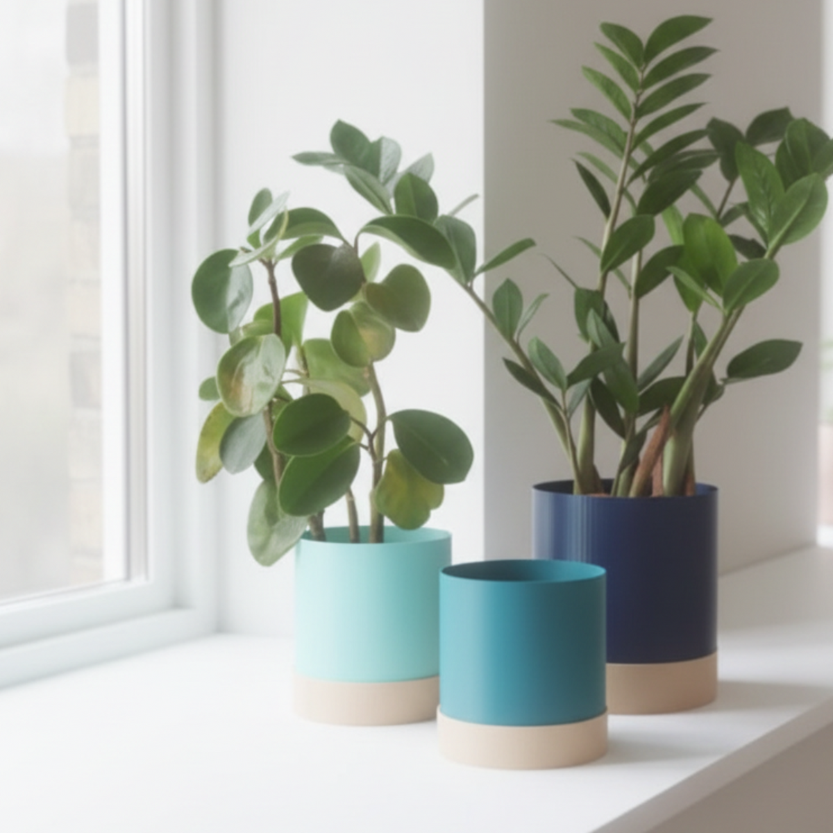 Three modern cylindrical planters with a two-tone design, featuring a light blue top, teal middle, and dark blue top, with beige bases, displayed on a white windowsill with green houseplants.