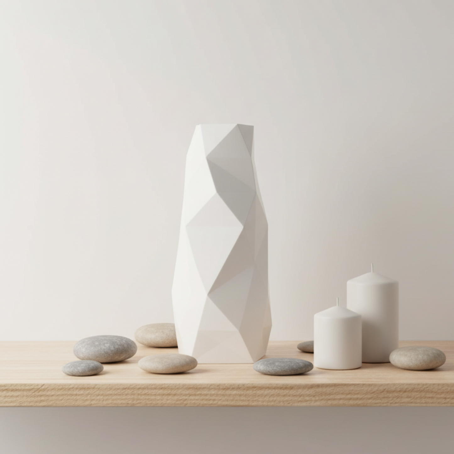 A white geometric vase stands on a light wood shelf beside three white pillar candles and smooth gray stones against a plain off-white wall.