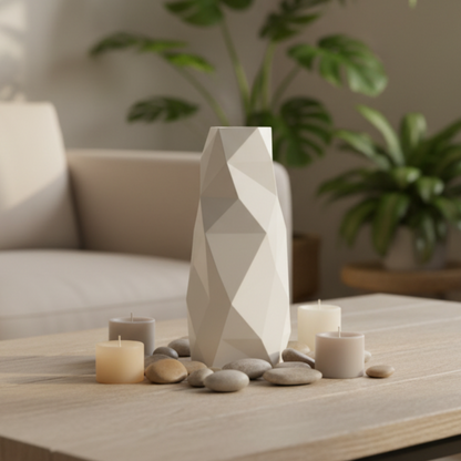 A tall, faceted geometric white vase stands on a light wood table surrounded by small candles and smooth stones, with a softly blurred living room background and green plants.