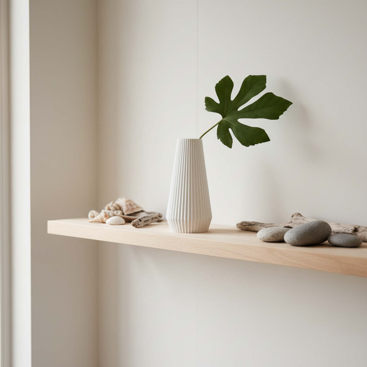 A minimalist white ribbed vase holding a single green leaf, displayed on a light wood floating shelf with seashells and smooth stones against a warm off-white wall.