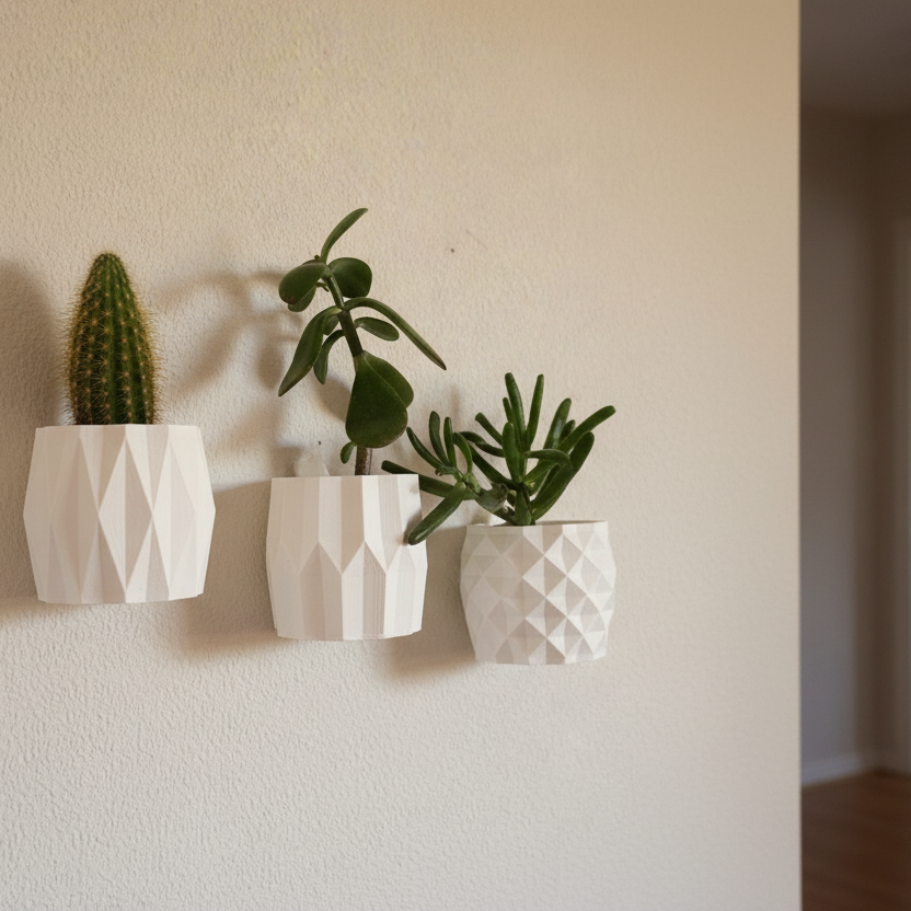 Three geometrically shaped white planters with plants on a plain wall.