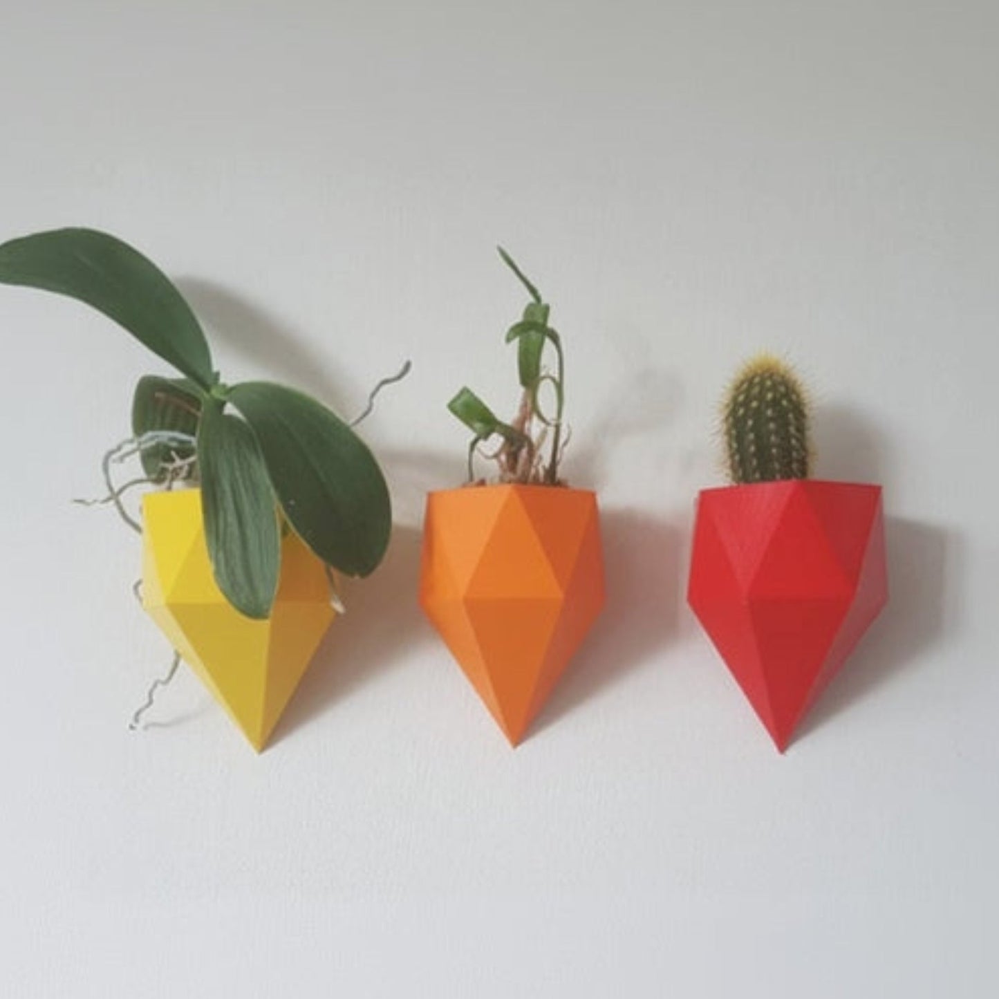 Three geometric planters shaped like carrots in yellow, orange, and red on a white background.