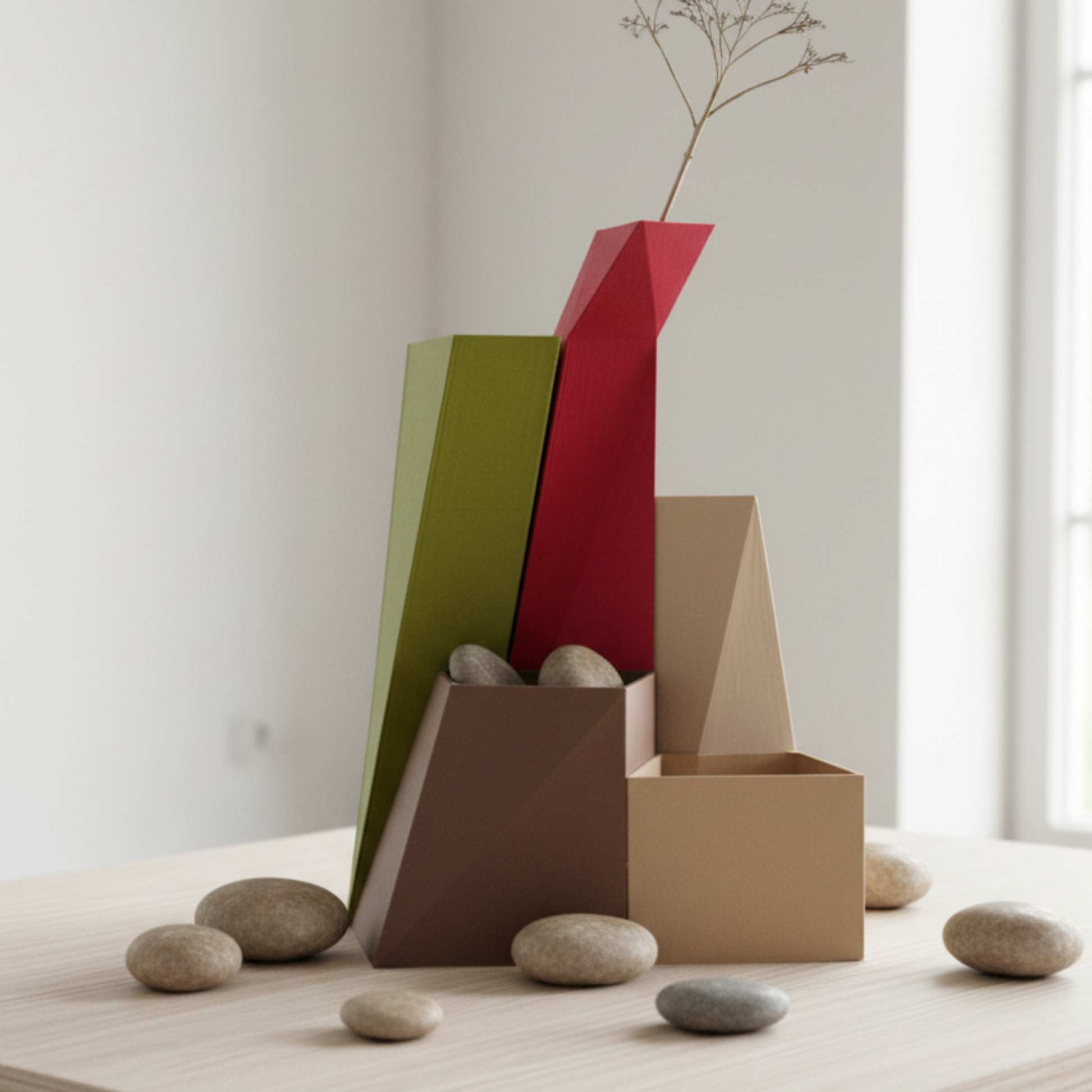 A set of geometric vases in olive green, red, brown, and beige arranged on a light wood table with smooth stones, in a bright minimalist interior.