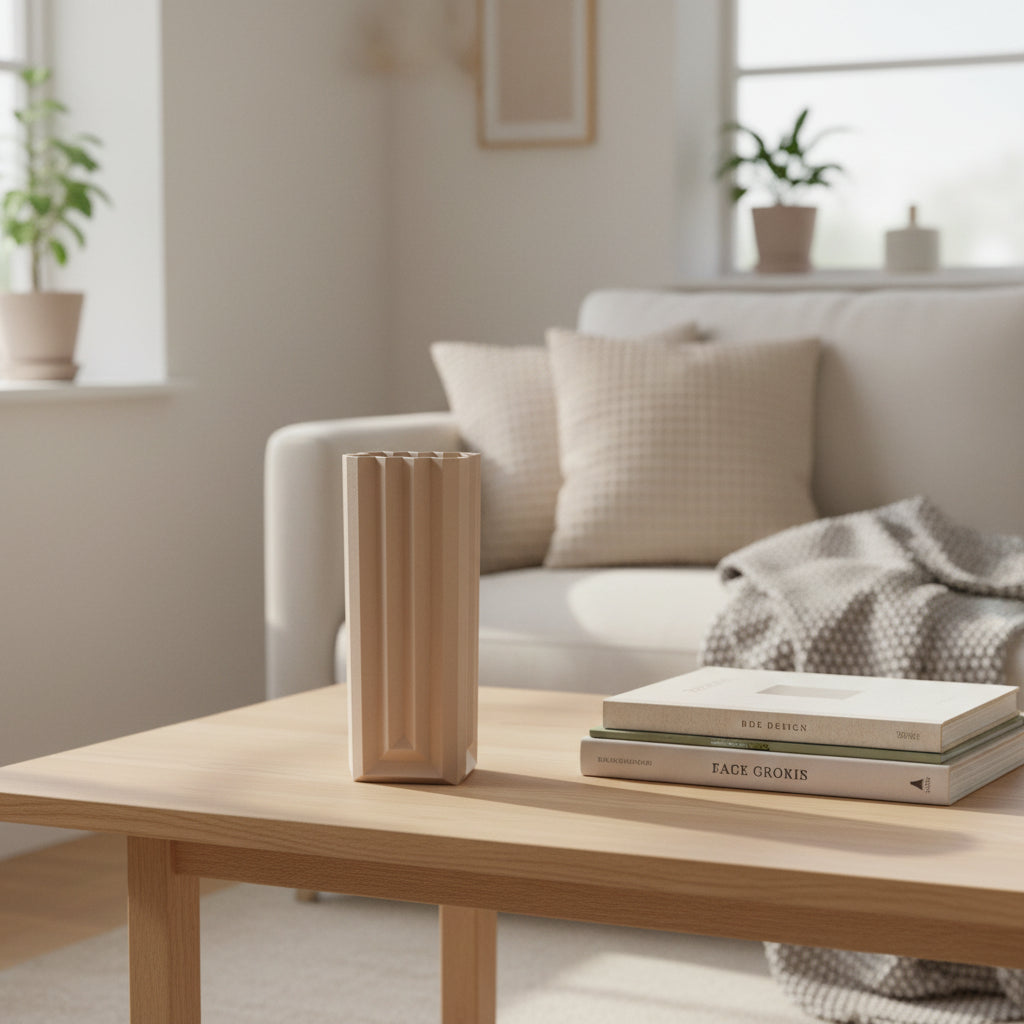 Beige vase with a textured, folded design on a gray background